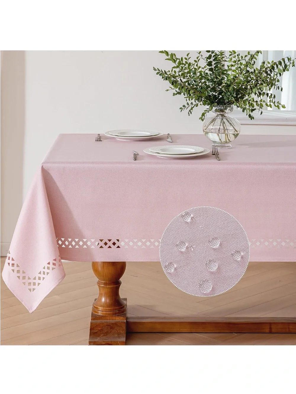 NEW JIALE Pink Linen Polyester Tablecloth with Decorative Cutouts, Wrinkle Free